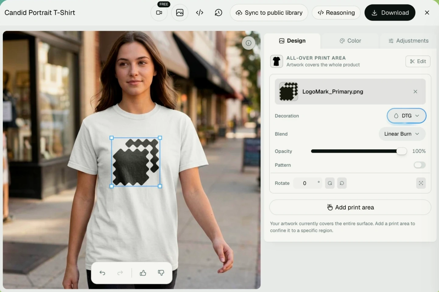 The Dynamic Mockups editor rendering a candid portrait T-shirt mockup, design panel open