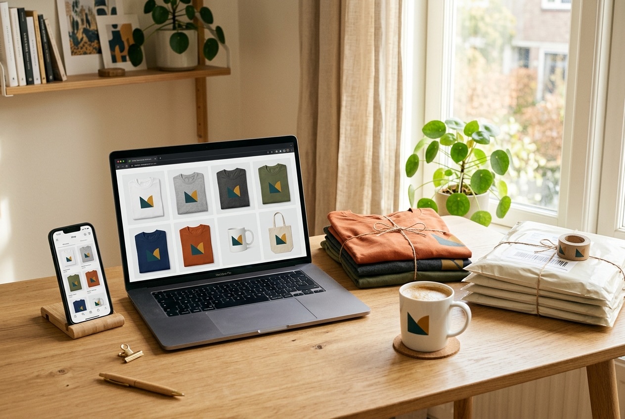 A seller's desk with a laptop full of product listings and packed orders