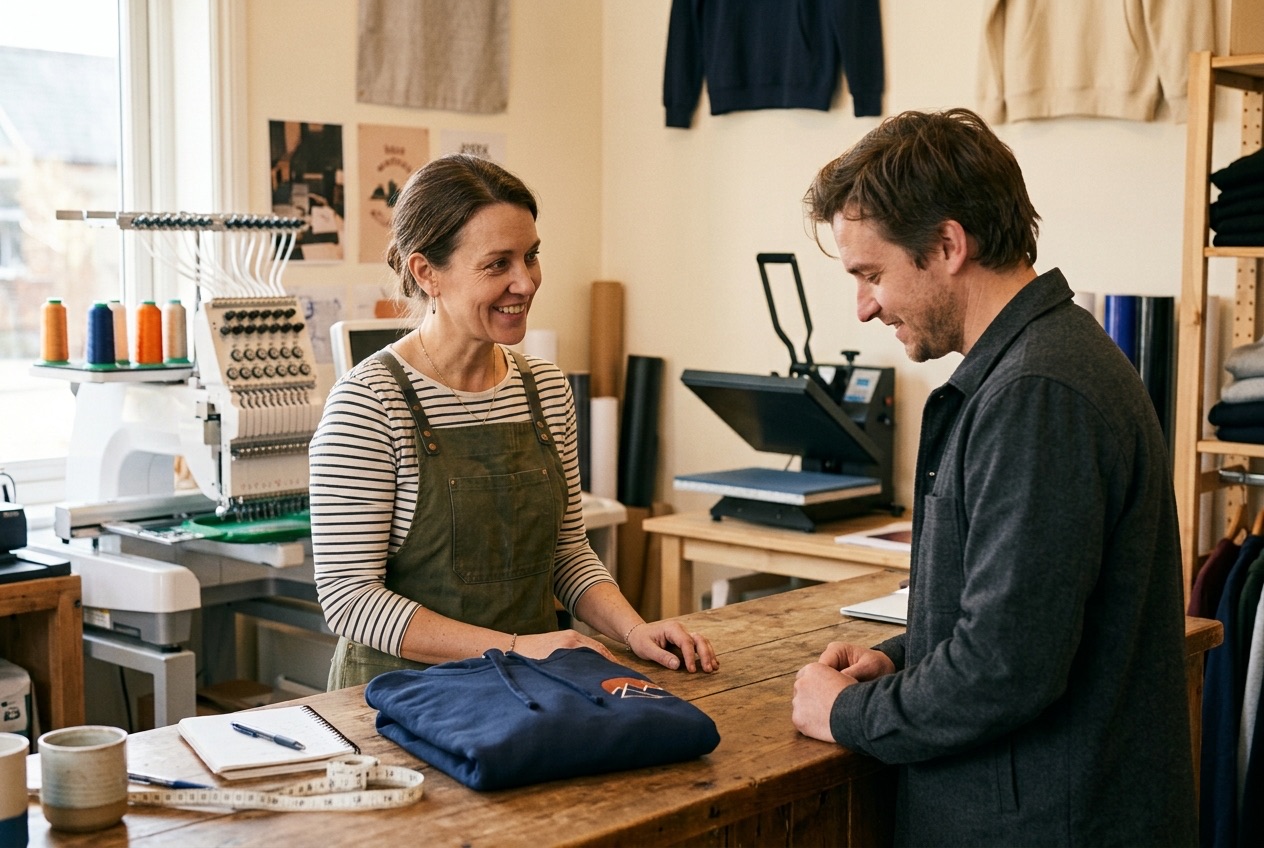 A print shop owner shows a customer the finished hoodie on a tablet at the counter