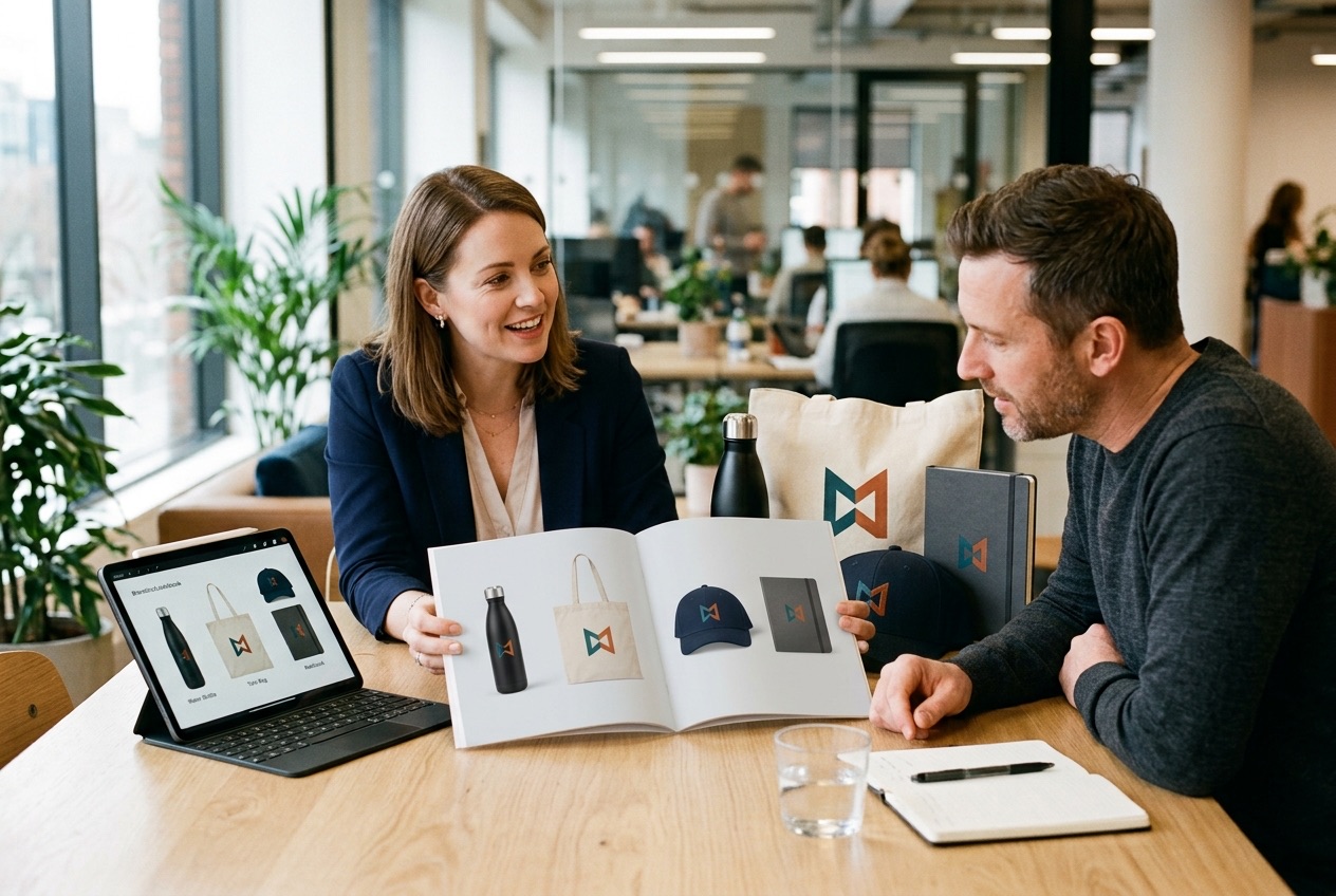 A promo team presents a lookbook of branded bottles, totes and caps to a client