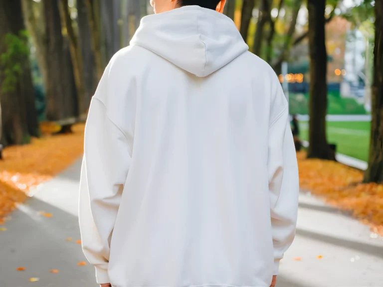 Man Wearing White Hoodie Mockup Back View Template