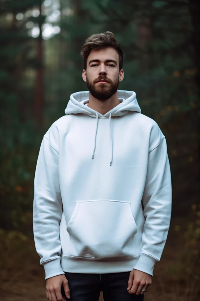 Man Wearing White Hoodie Mockup Front View Template