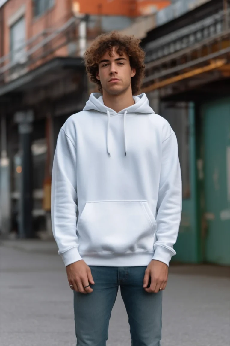 Man Wearing White Hoodie Mockup Front View Template