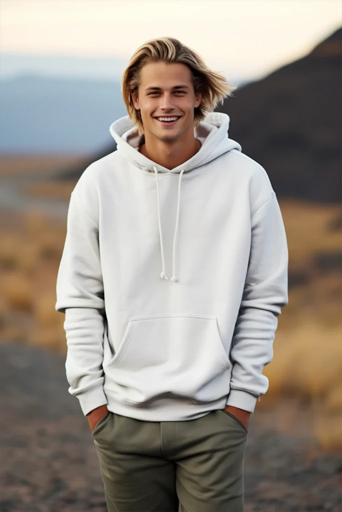 Man Wearing White Hoodie Mockup Front View Template