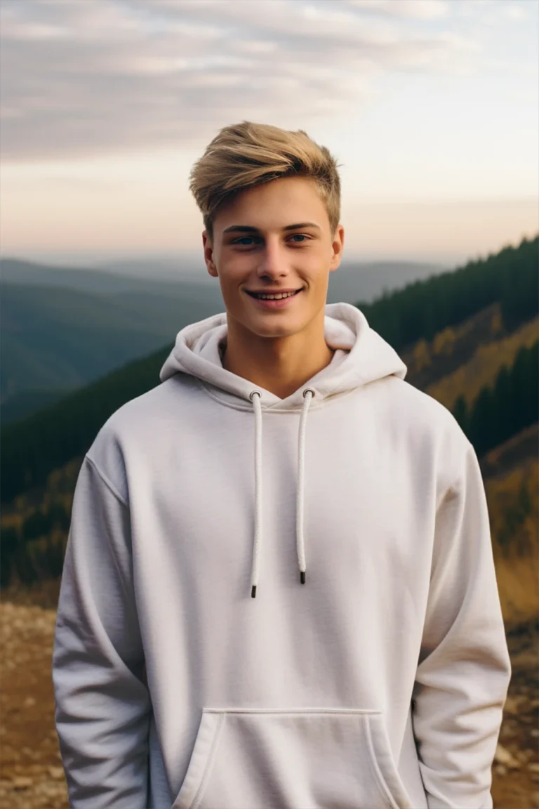 Man Wearing White Hoodie Mockup Front View Template