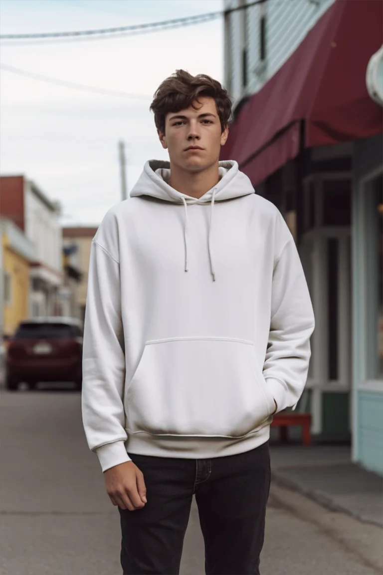 Man Wearing White Hoodie Mockup Front View Template