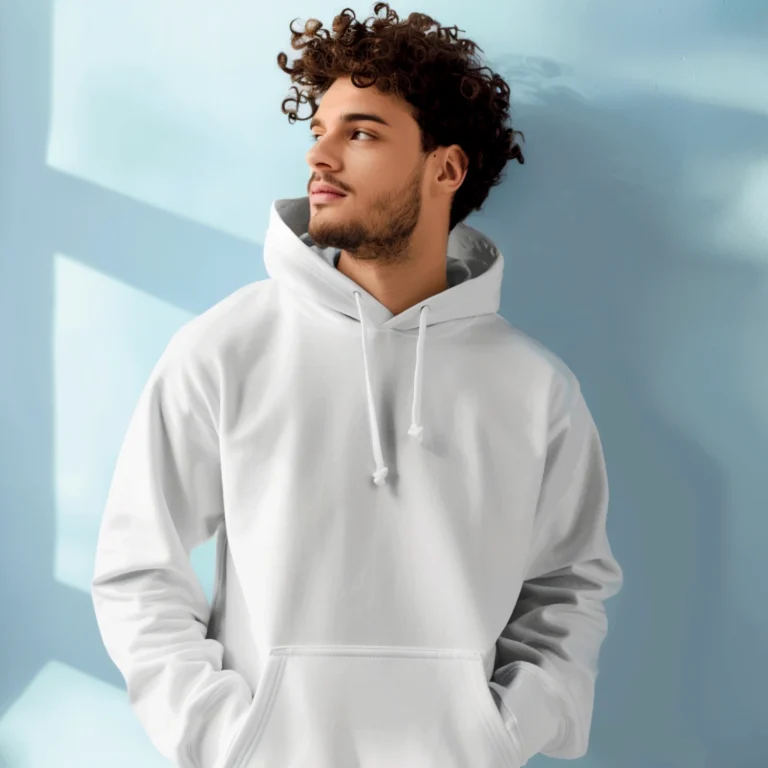 Man Wearing White Hoodie Mockup Front View Template