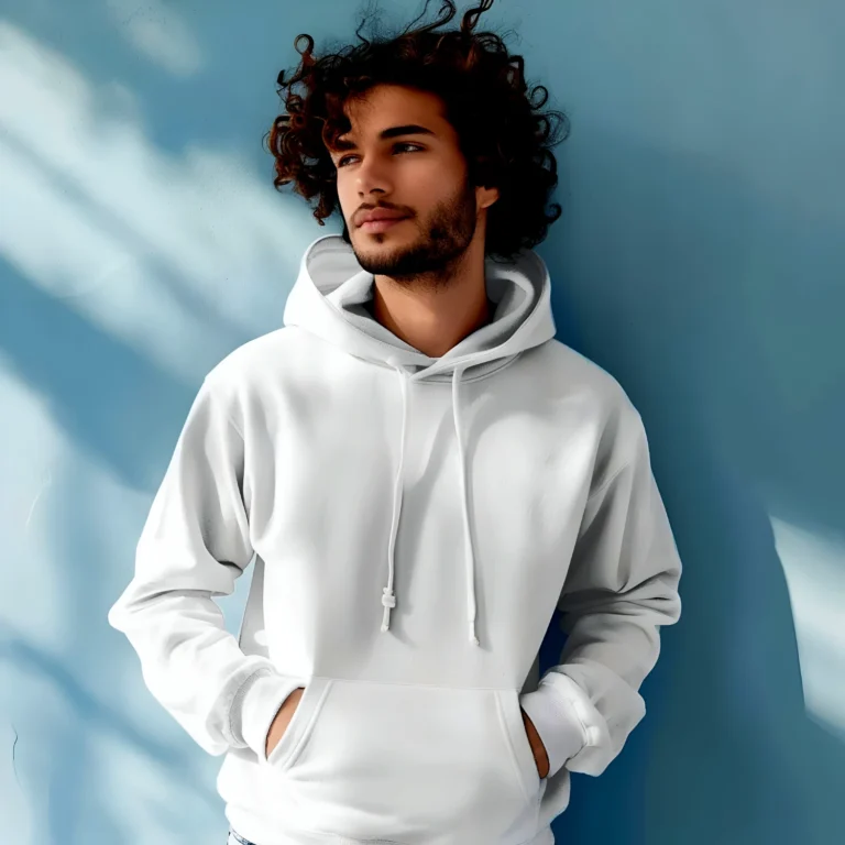 Man Wearing White Hoodie Mockup Front View Template