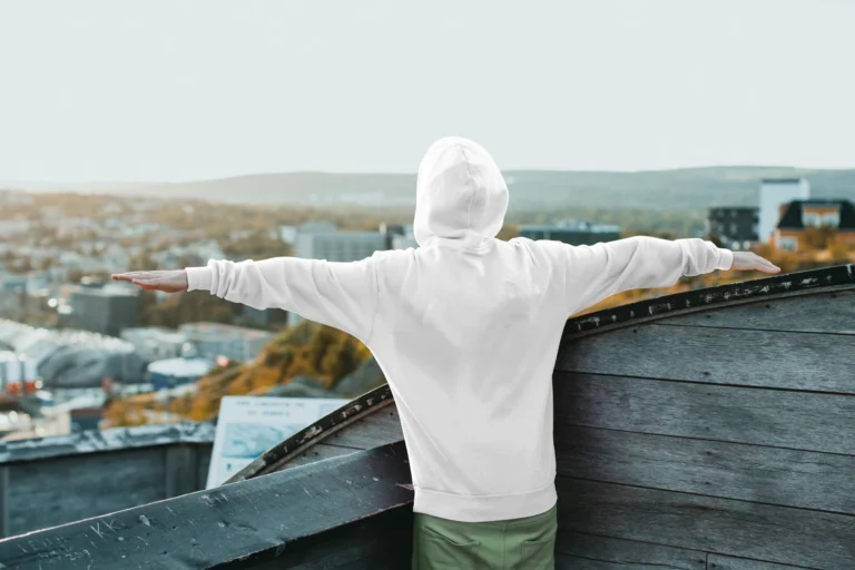 Man Wearing White Hoodie Mockup Back View Template