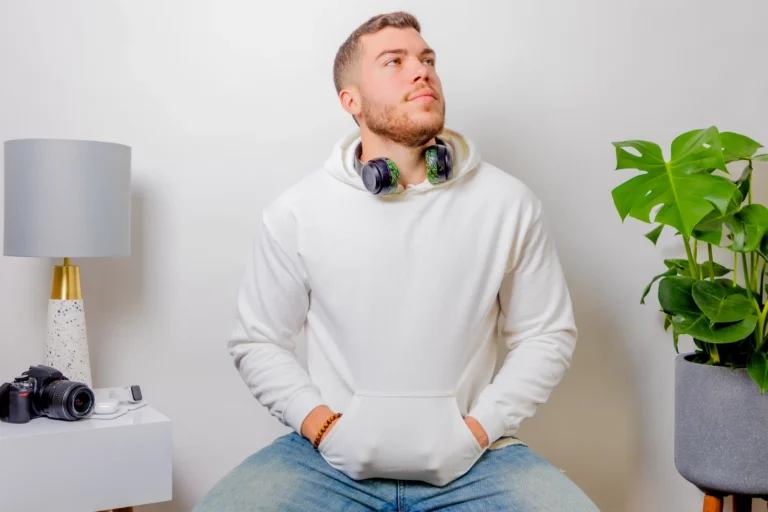 Man Wearing White Hoodie Mockup Front View Template