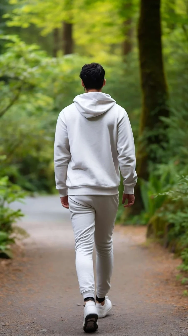 Man Wearing White Hoodie Mockup Back View Template