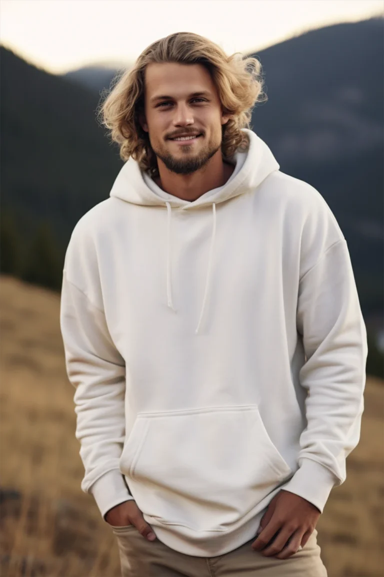 Man Wearing White Hoodie Mockup Front View Template