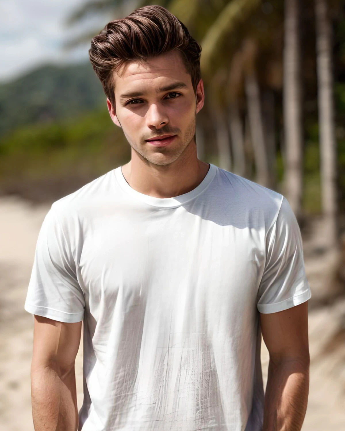 Man Wearing White T-shirt Mockup Front View Template