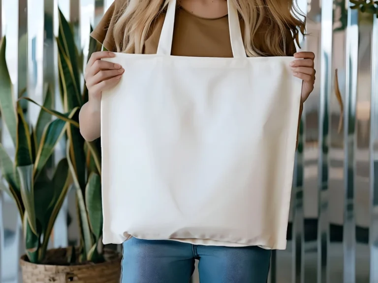 Woman Holding White Tote Bag Mockup Front View Template