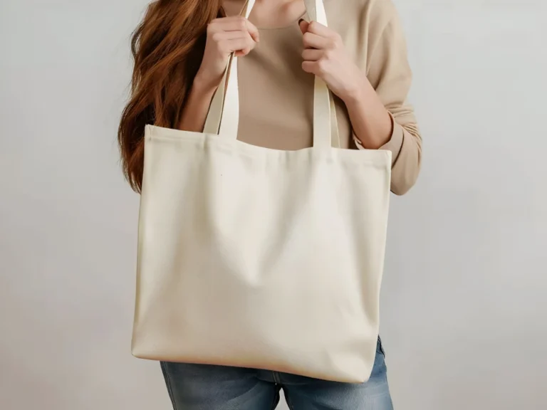 Woman Holding White Tote Bag Mockup Front View Template