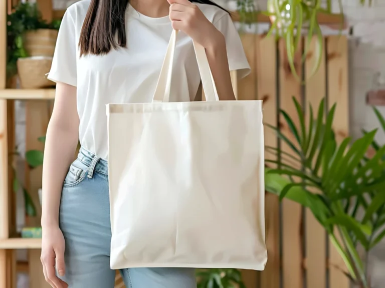 Woman Holding White Tote Bag Mockup Front View Template