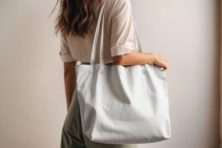 Woman Holding White Tote Bag Mockup Side View Template