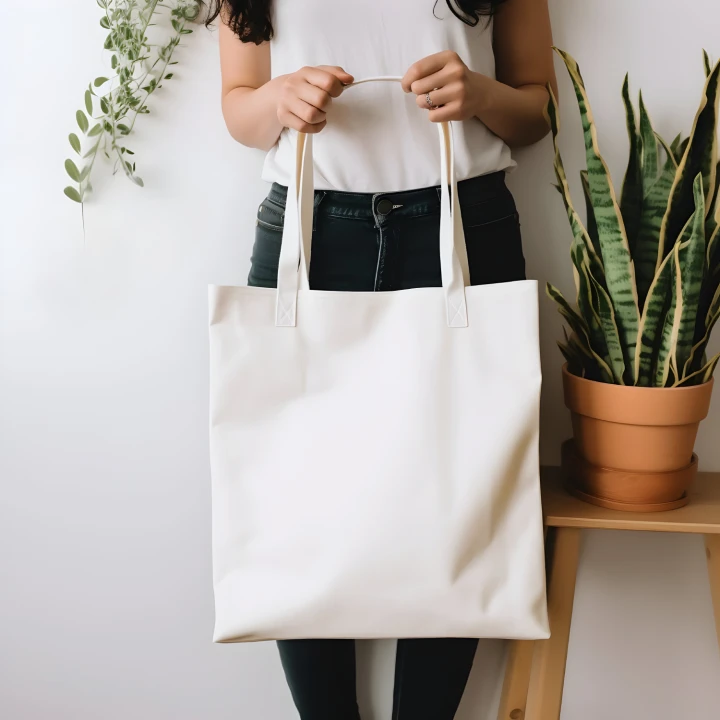 Woman Holding White Tote Bag Mockup Front View Template