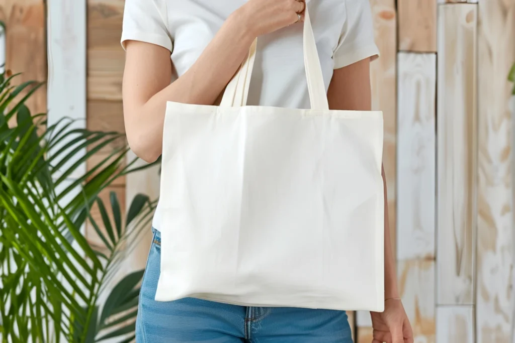 Woman Holding White Tote Bag Mockup Front View Template