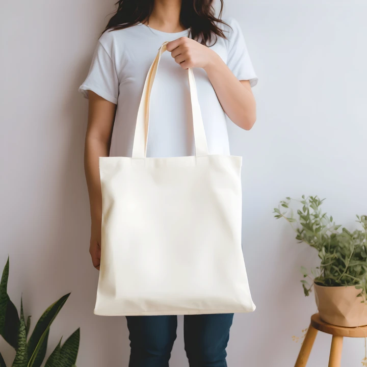 Woman Holding White Tote Bag Mockup Front View Template