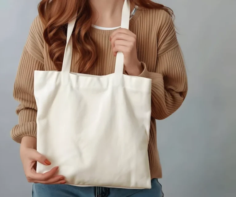 Woman Holding White Tote Bag Mockup Front View Template