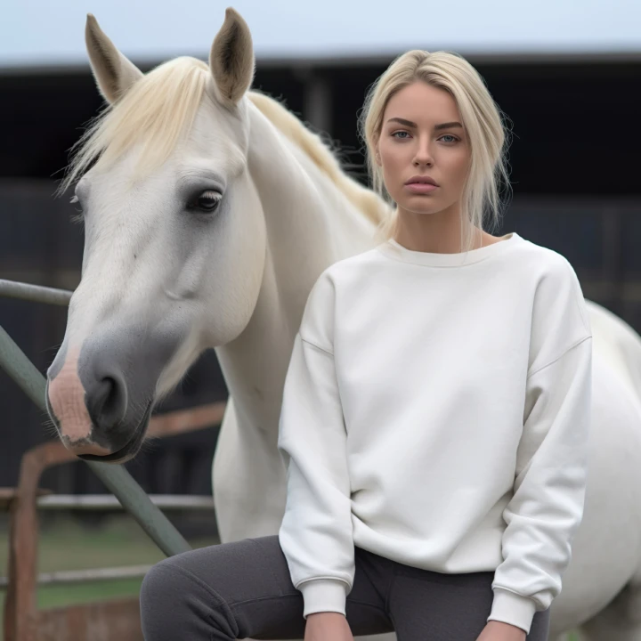 Woman Wearing White Sweatshirt Mockup Front View Template