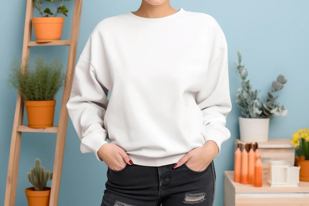 Woman Wearing White Sweatshirt Mockup Front View Template