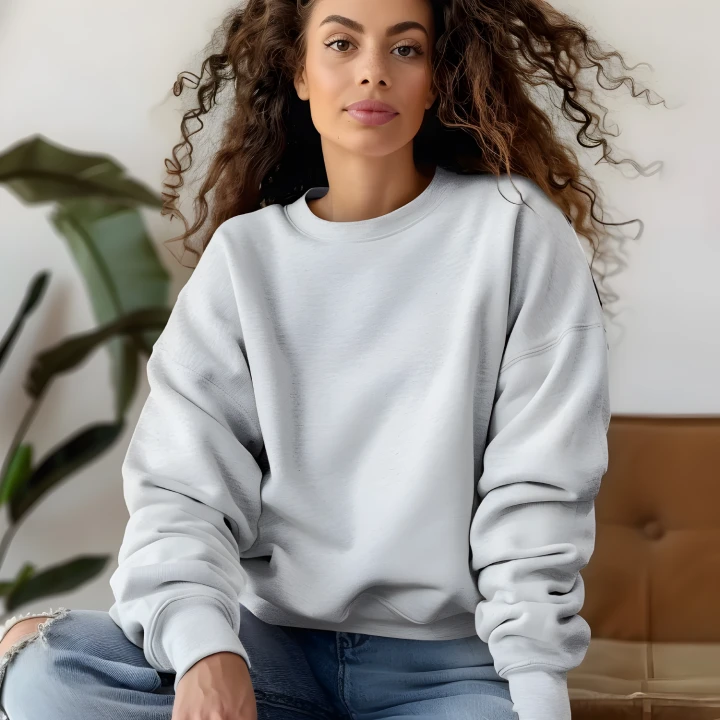 Woman Wearing White Sweatshirt Mockup Front View Template