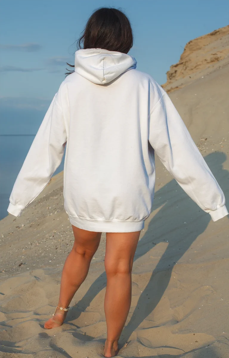 Woman Wearing White Hoodie Mockup Back View Template