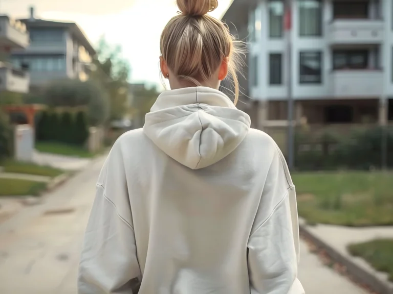 Woman Wearing White Hoodie Mockup Back View Template