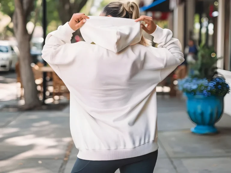 Woman Wearing White Hoodie Mockup Back View Template