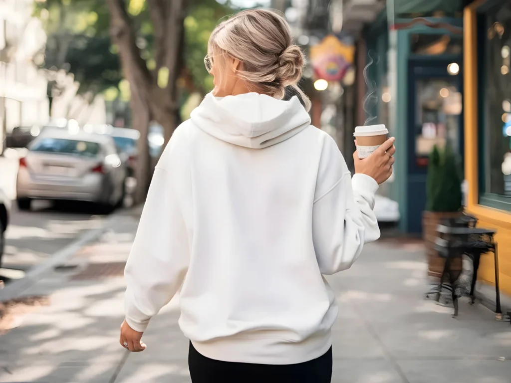 Woman Wearing White Hoodie Mockup Back View Template