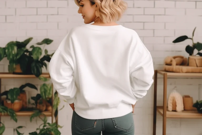 Woman Wearing White Sweatshirt Mockup Back View Template