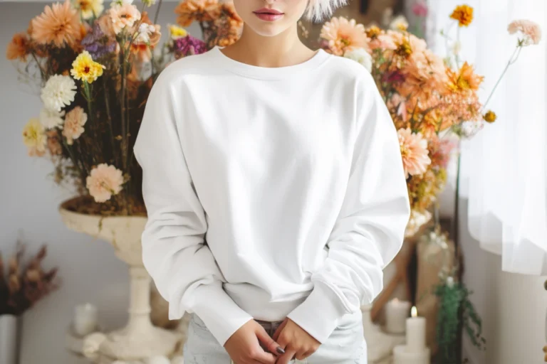 Woman Wearing White Sweatshirt Mockup Front View Template