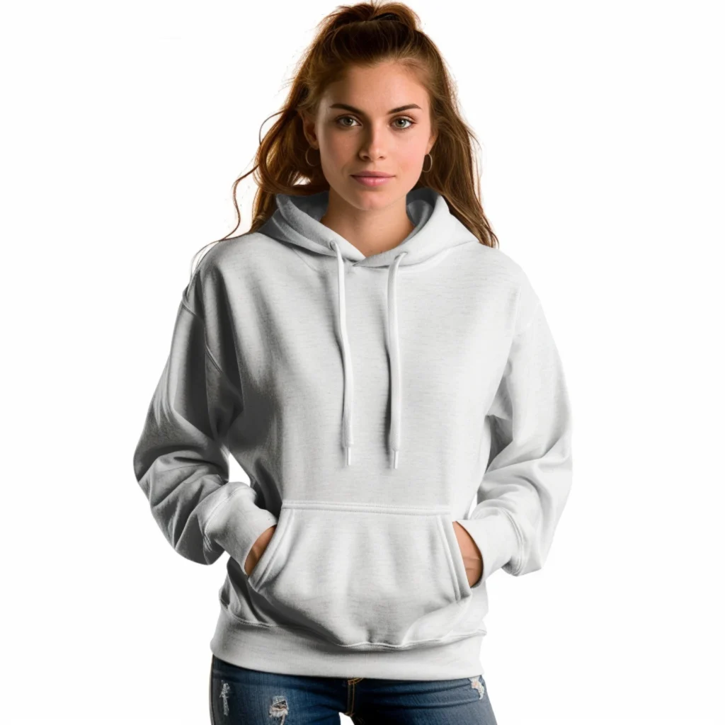 Woman Wearing White Hoodie Mockup Front View Template