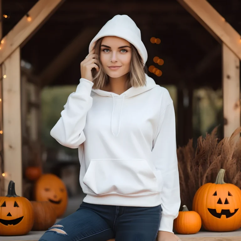 Woman Wearing White Hoodie Mockup Front View Template