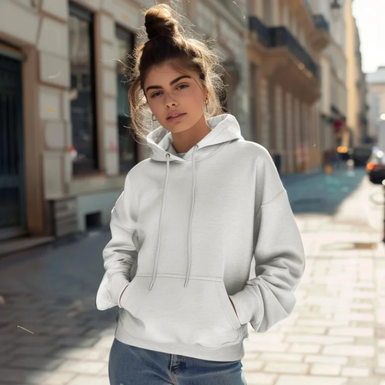 Woman Wearing White Hoodie Mockup Front View Template