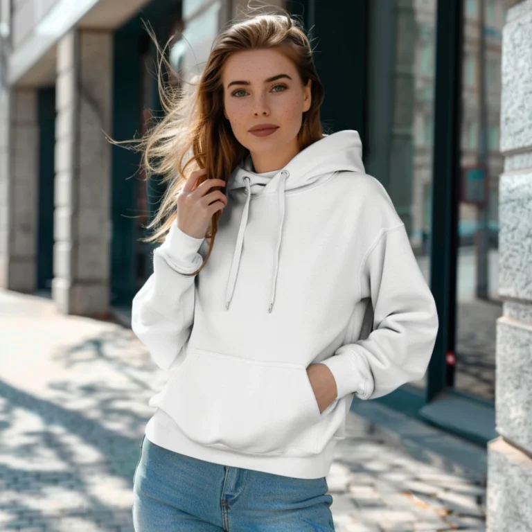 Woman Wearing White Hoodie Mockup Front View Template