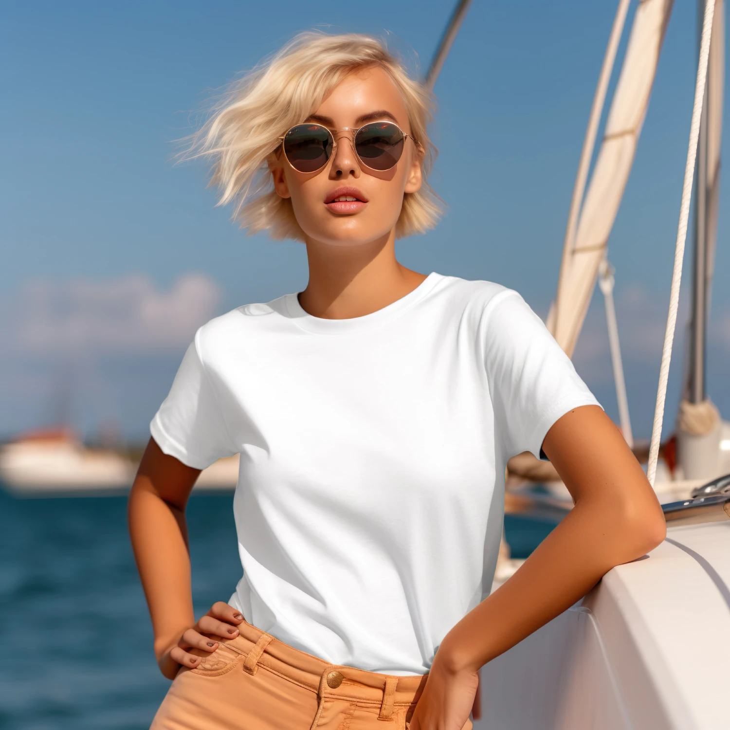 Woman Wearing White T-shirt Mockup Front View Template