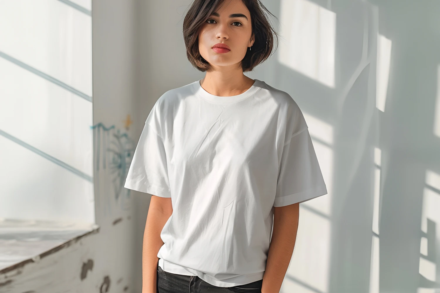 Woman Wearing White T-shirt Mockup Front View Template