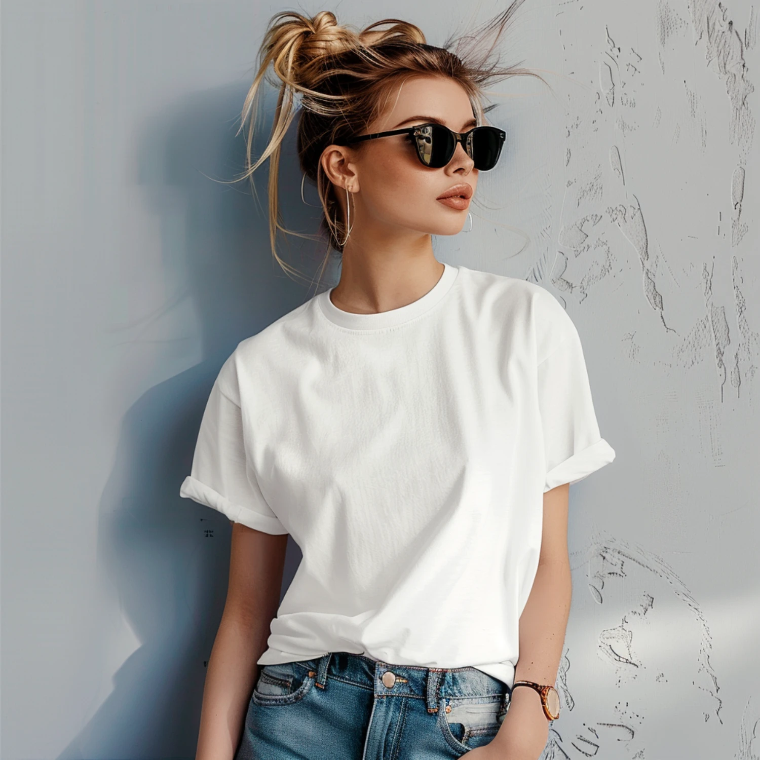 Woman Wearing White T-shirt Mockup Front View Template