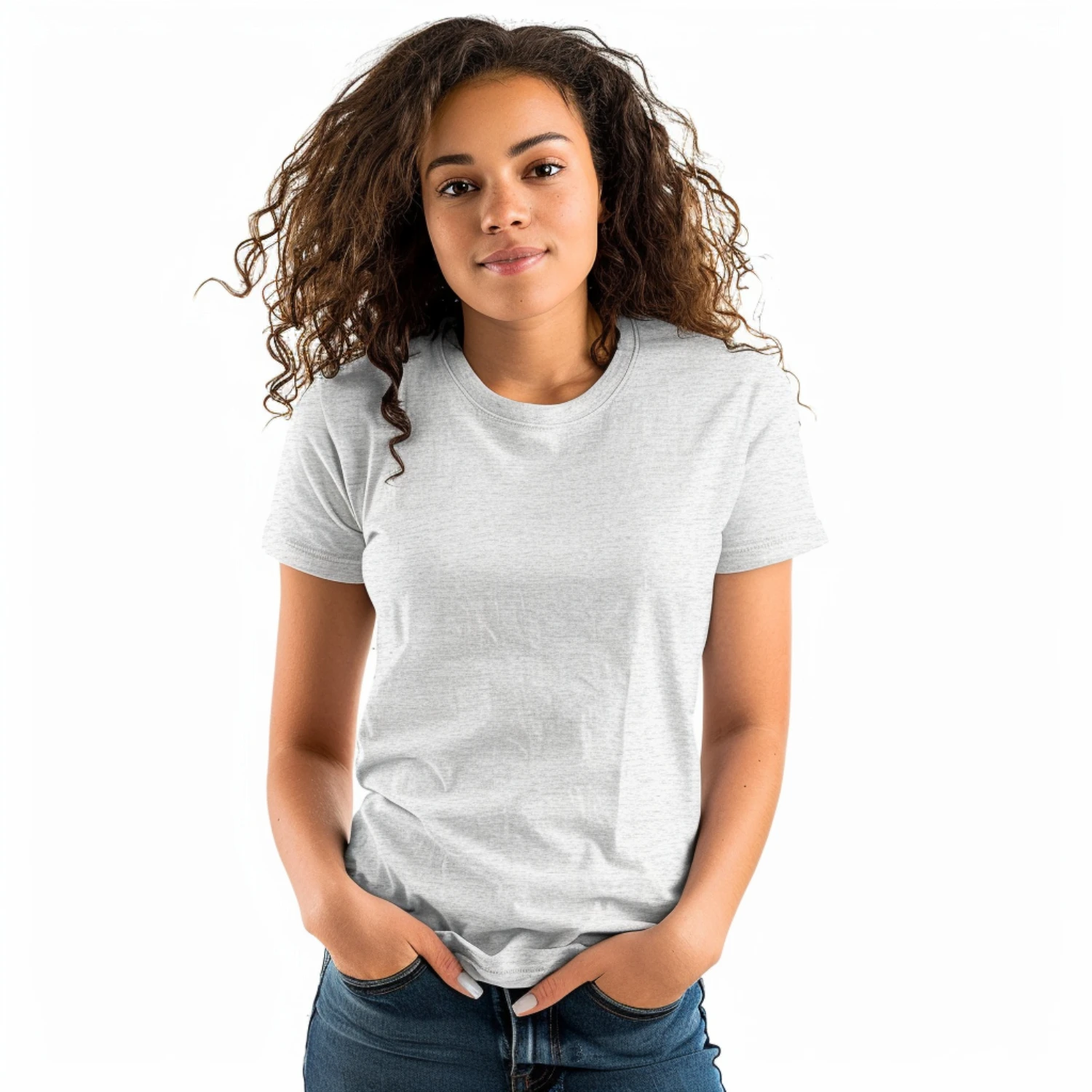 Woman Wearing White T-shirt Mockup Front View Template