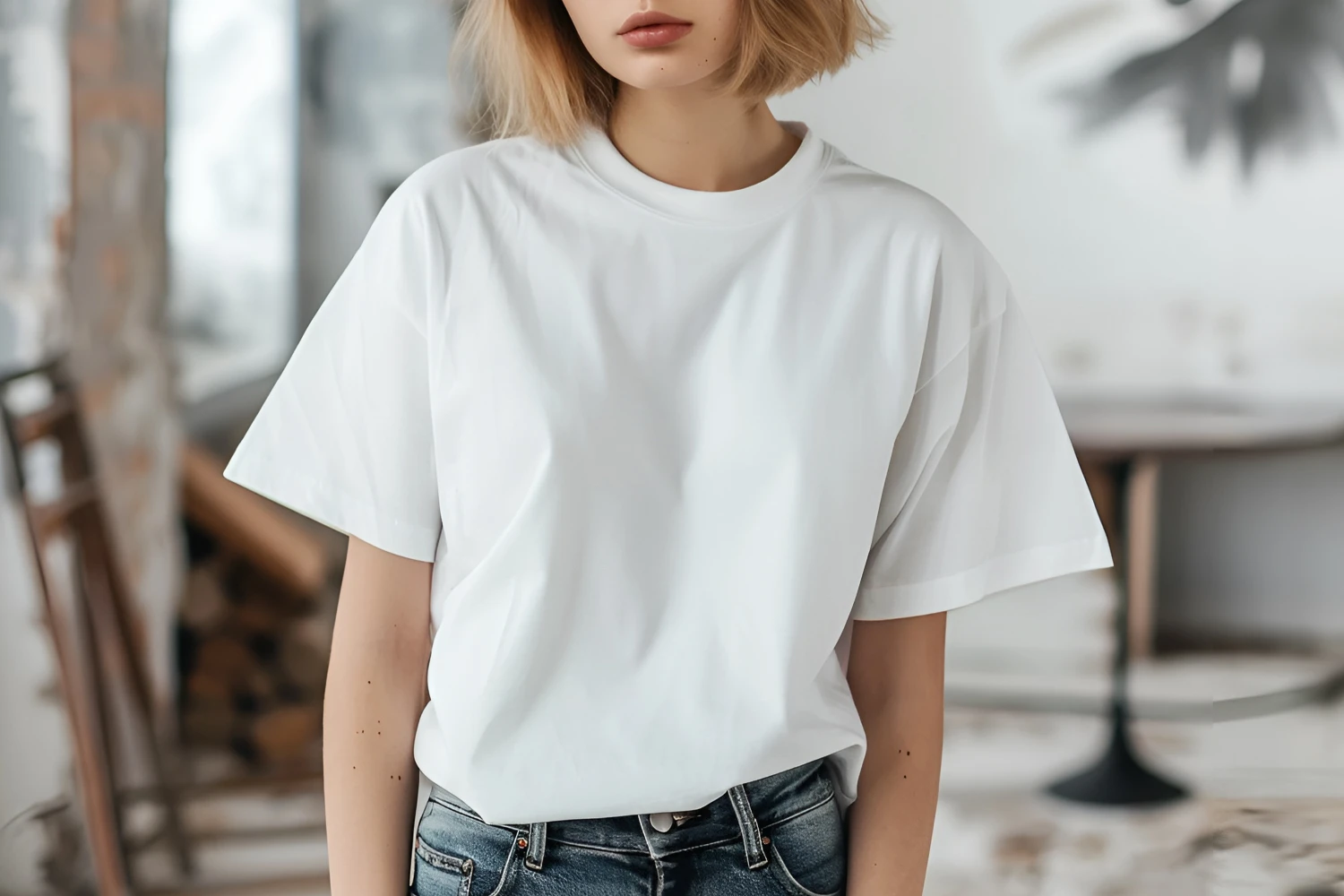 Woman Wearing White T-shirt Mockup Front View Template