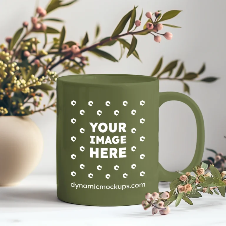 11oz Blank Olive Green Ceramic Coffee Mug Mockup Template