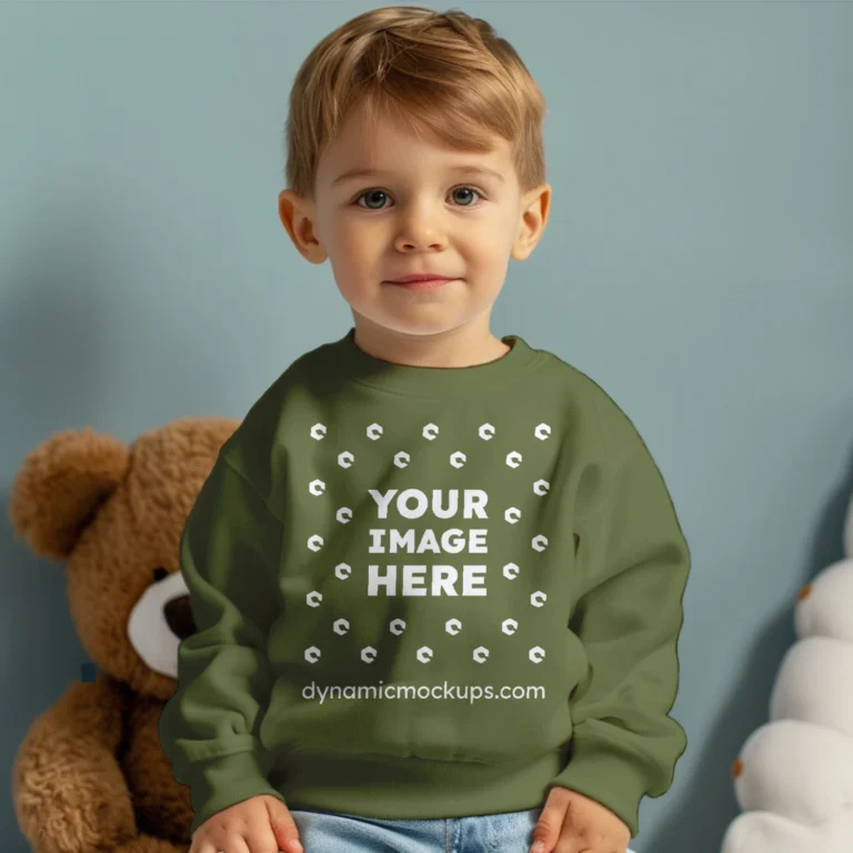 Boy Olive Green Sweatshirt Mockup Front View Template