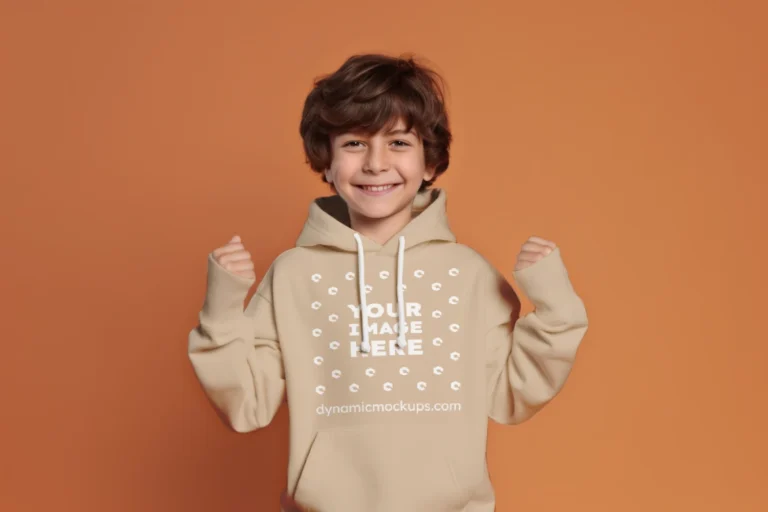 Boy Wearing Beige Hoodie Mockup Front View Template