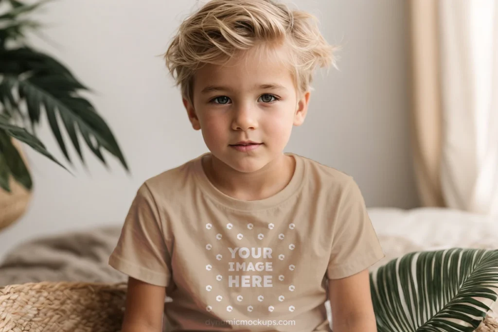 Boy Wearing Beige T-shirt Mockup Front View Template