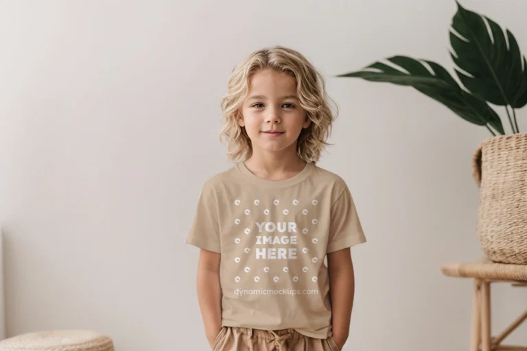 Boy Wearing Beige T-shirt Mockup Front View Template