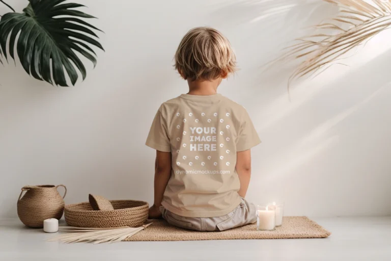 Boy Wearing Beige T-shirt Mockup Back View Template