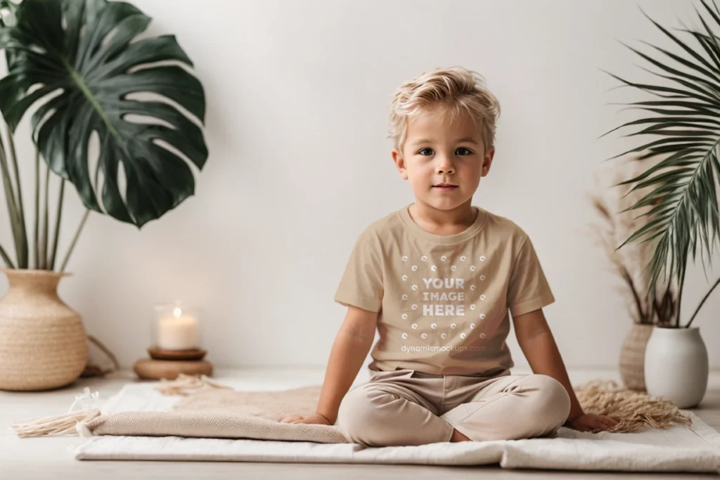 Boy Wearing Beige T-shirt Mockup Front View Template